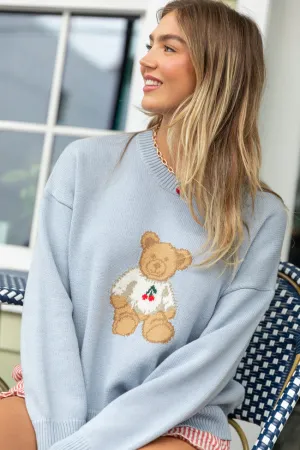 Too Much To Bear Light Blue Cherries Sweater