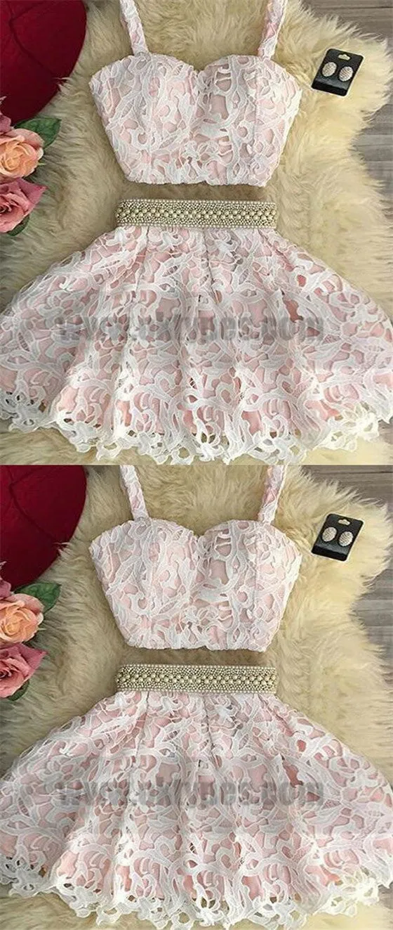 Two Piece White and Pink Short Lace Homecoming Dresses With Beading, TYP0781