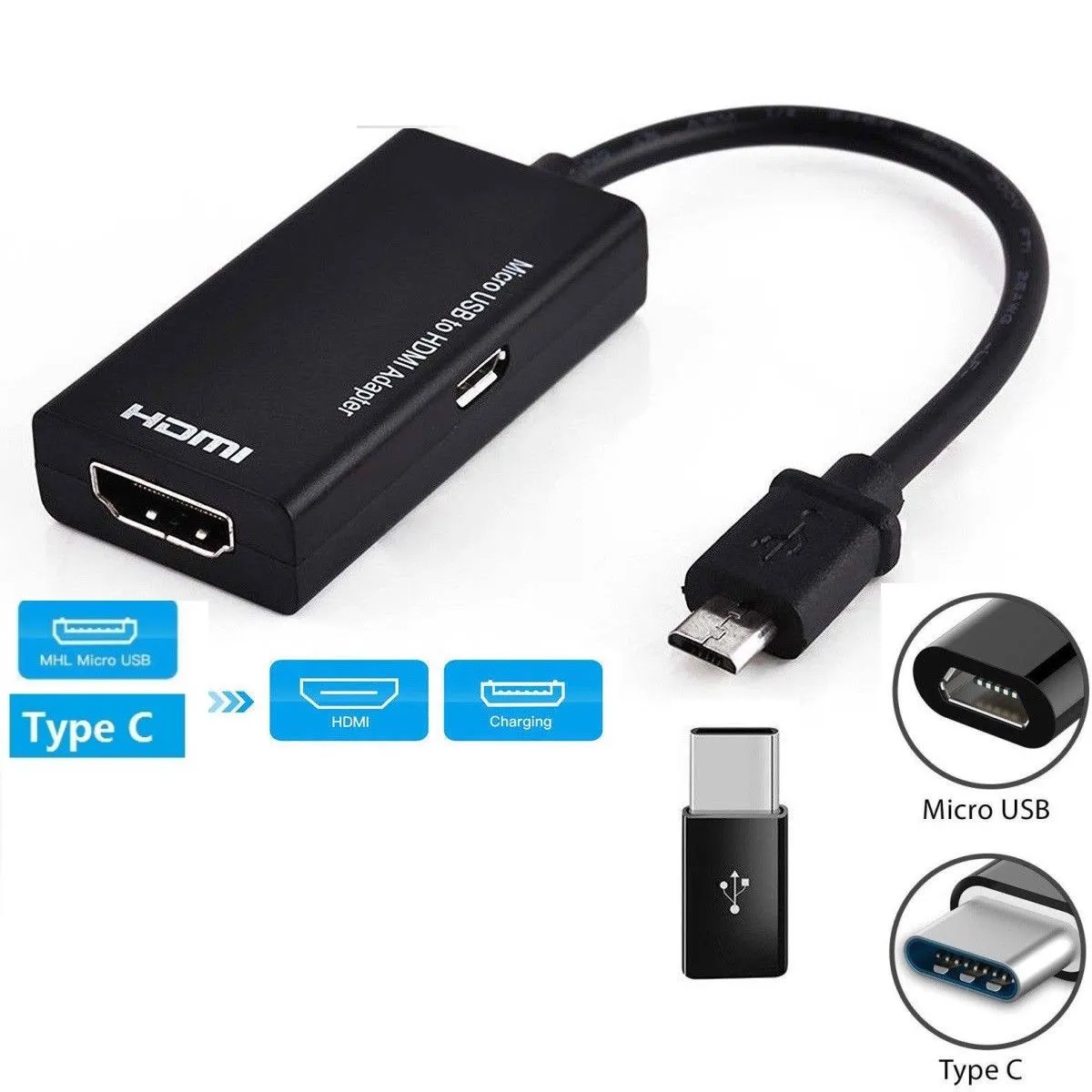 Type C & Micro USB Male to HDMI Female Adapter Cable for Cellphone Tablet TV