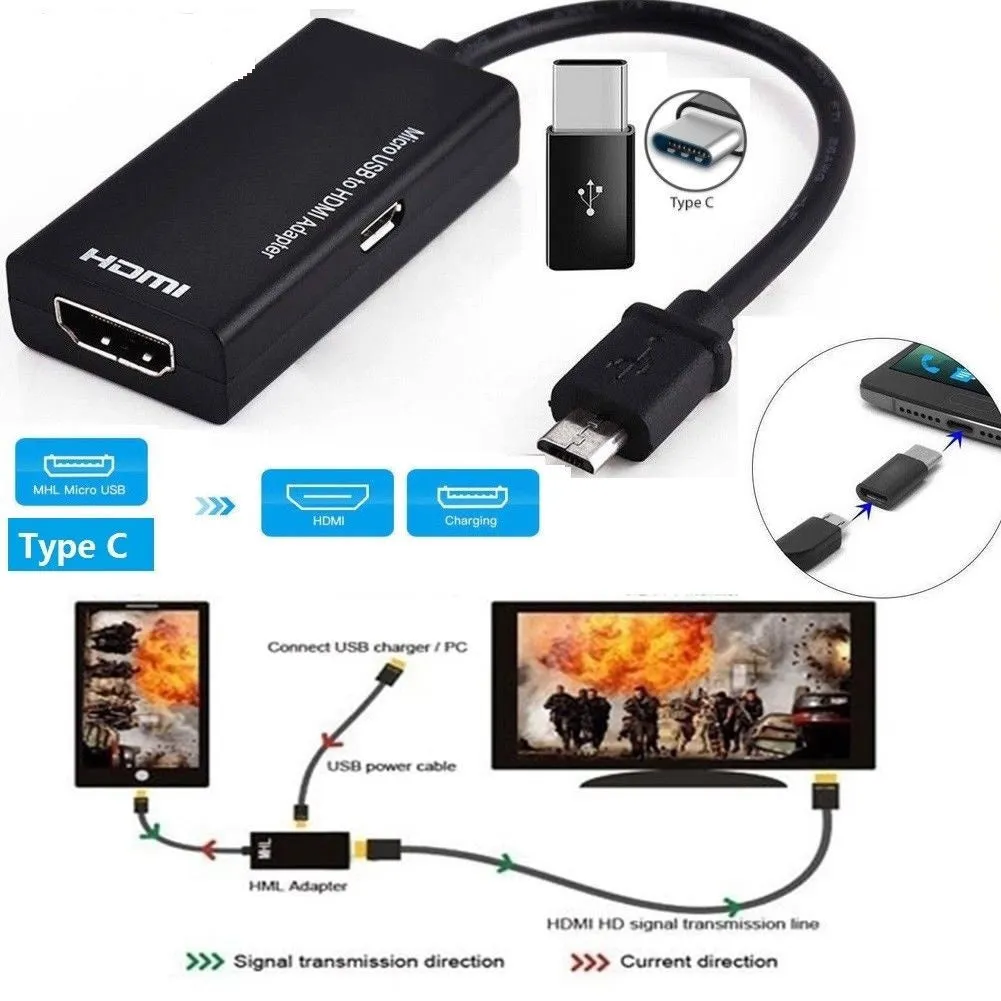 Type C & Micro USB Male to HDMI Female Adapter Cable for Cellphone Tablet TV