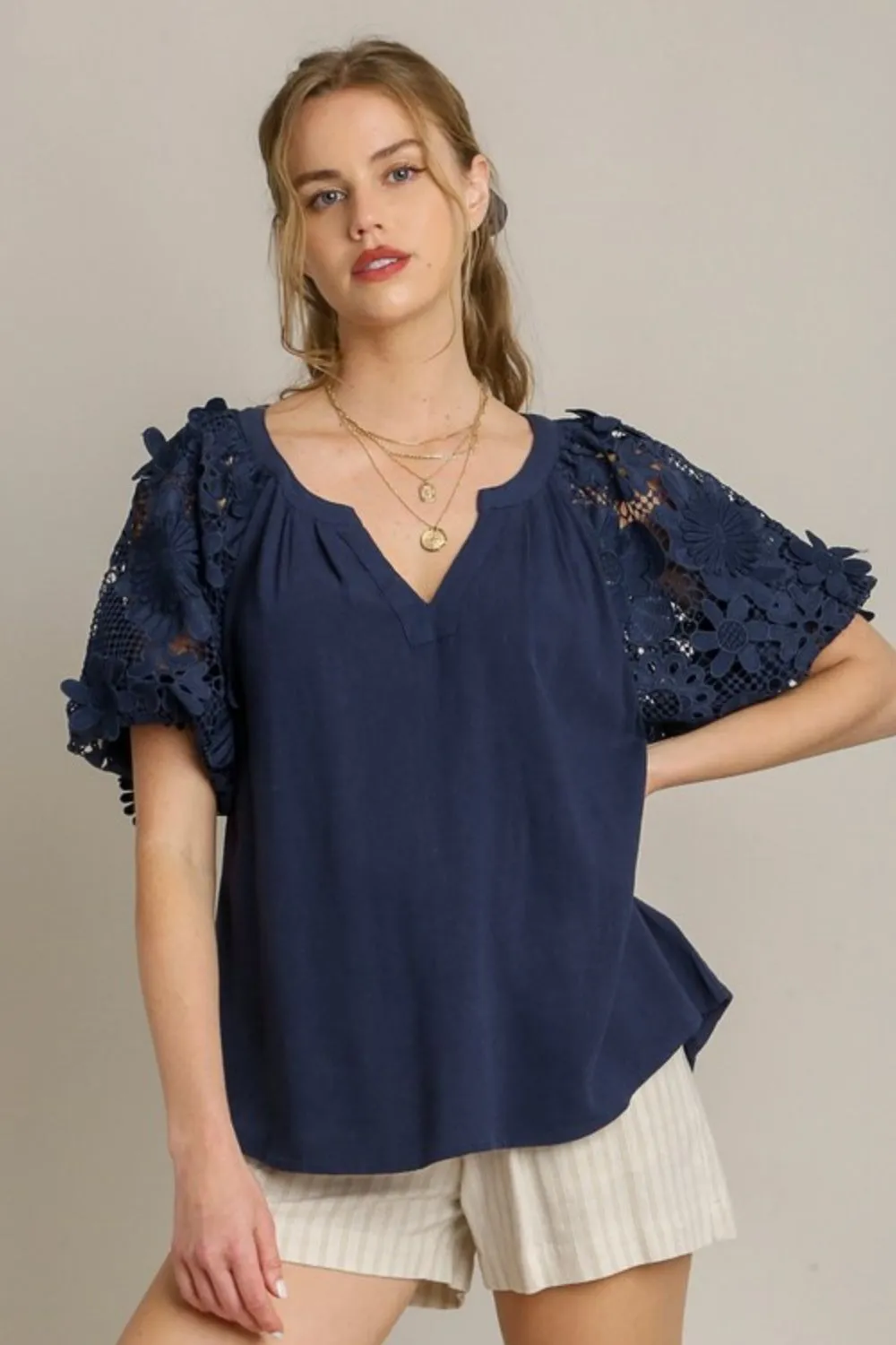 Umgee Full Size French Terry Boxy Cut Top with 3D Floral Sleeve Plus Size