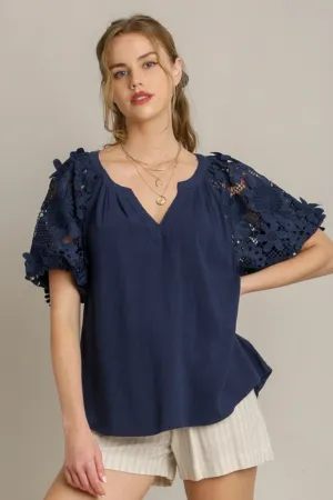 Umgee Full Size French Terry Boxy Cut Top with 3D Floral Sleeve Plus Size