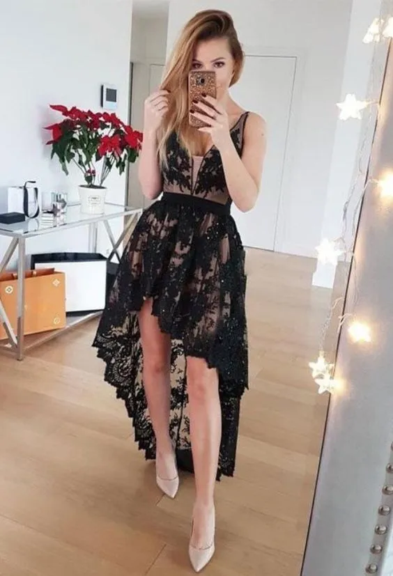 Unique V-Neck High Low Black Lace Homecoming Dresses with Beading, TYP1061