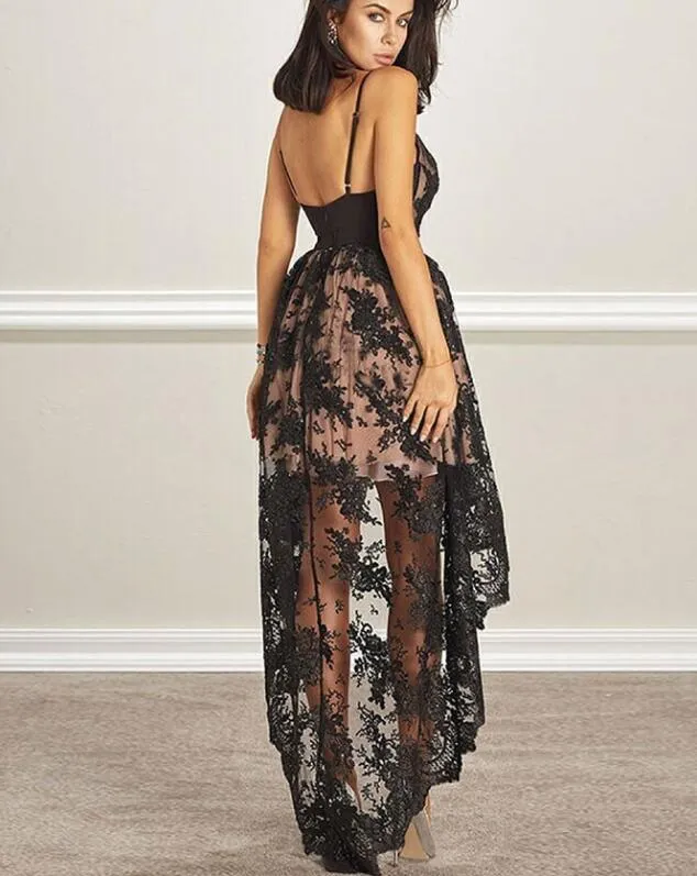Unique V-Neck High Low Black Lace Homecoming Dresses with Beading, TYP1061