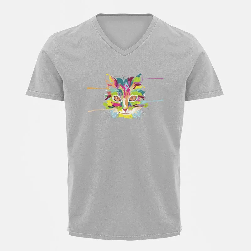 V Neck T-Shirt (Men) - Laser Sharp Cat (5 Colours)