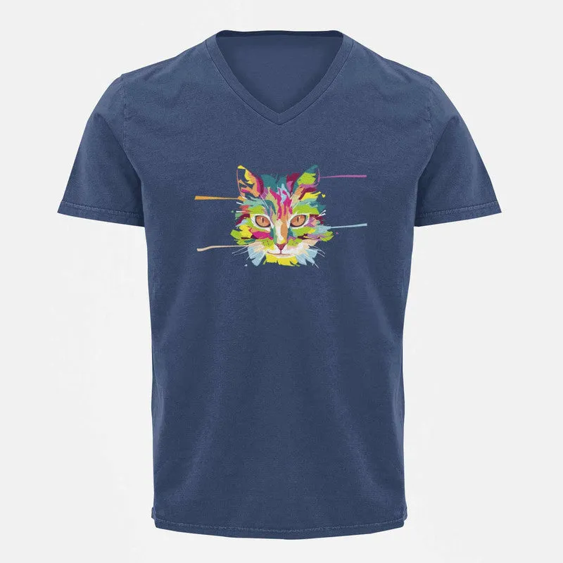 V Neck T-Shirt (Men) - Laser Sharp Cat (5 Colours)