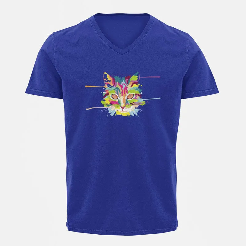 V Neck T-Shirt (Men) - Laser Sharp Cat (5 Colours)