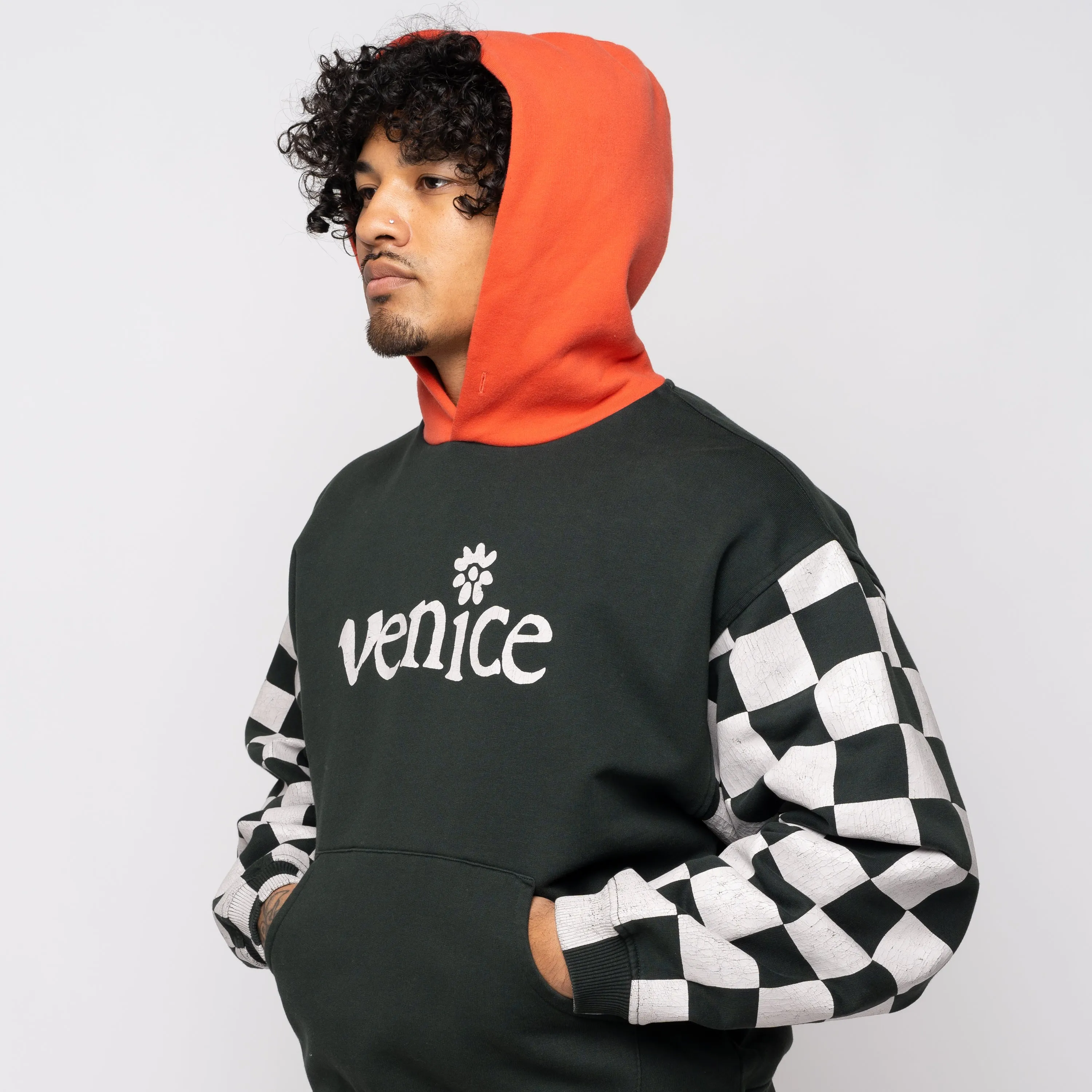 Venice Checker Sleeve Hoodie Black ERL08T021