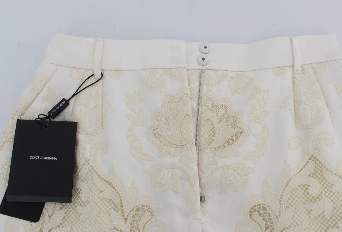 White Beige Lace Silk Blend Shorts
