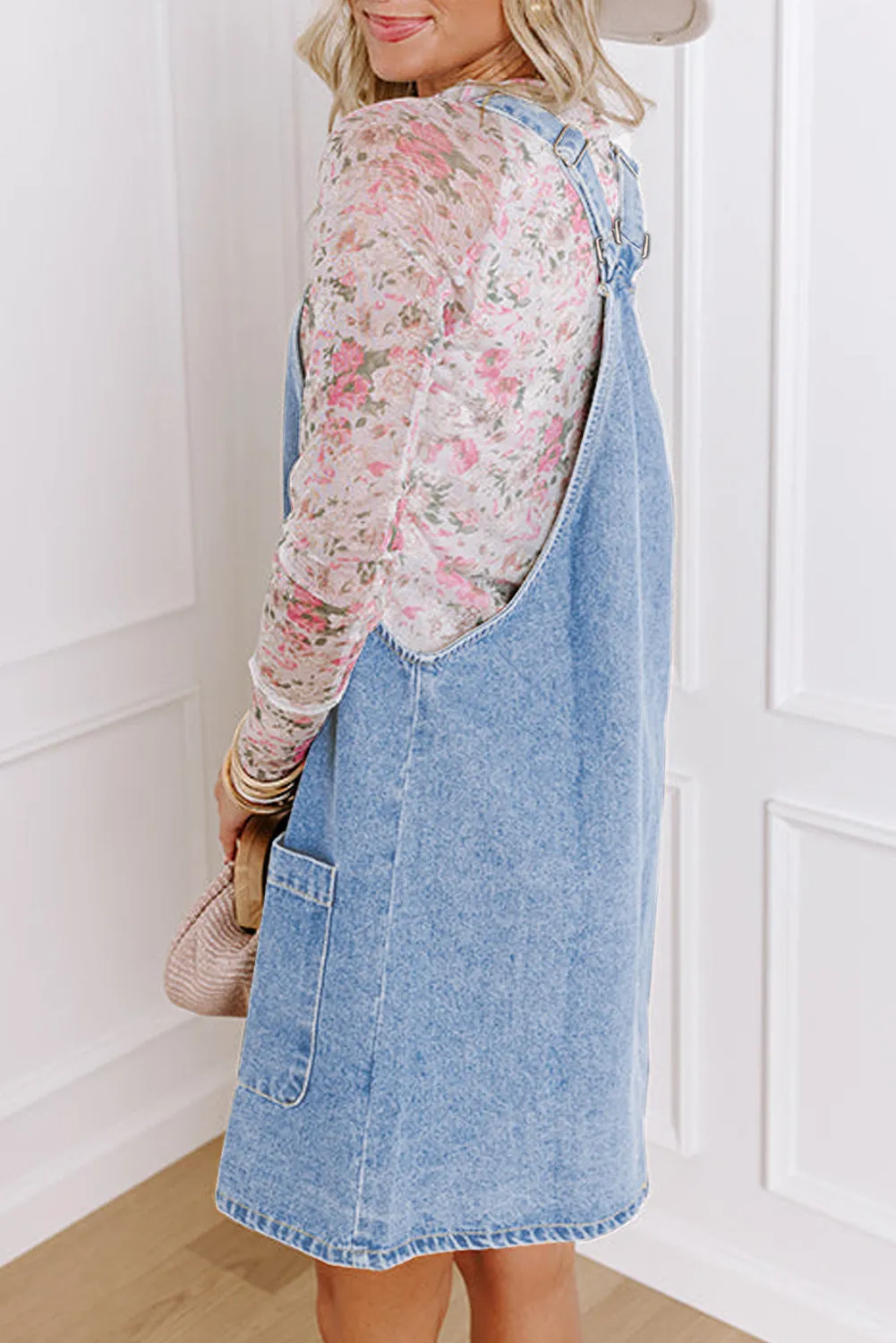 Wide Strap Button Front Pocketed Denim Short Dress