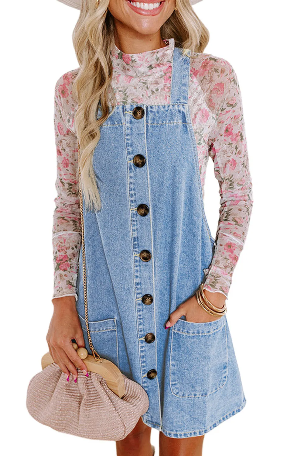 Wide Strap Button Front Pocketed Denim Short Dress