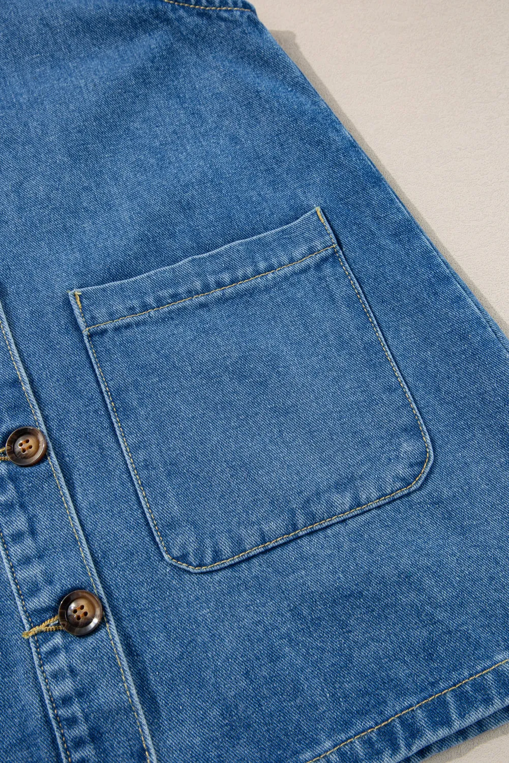 Wide Strap Button Front Pocketed Denim Short Dress