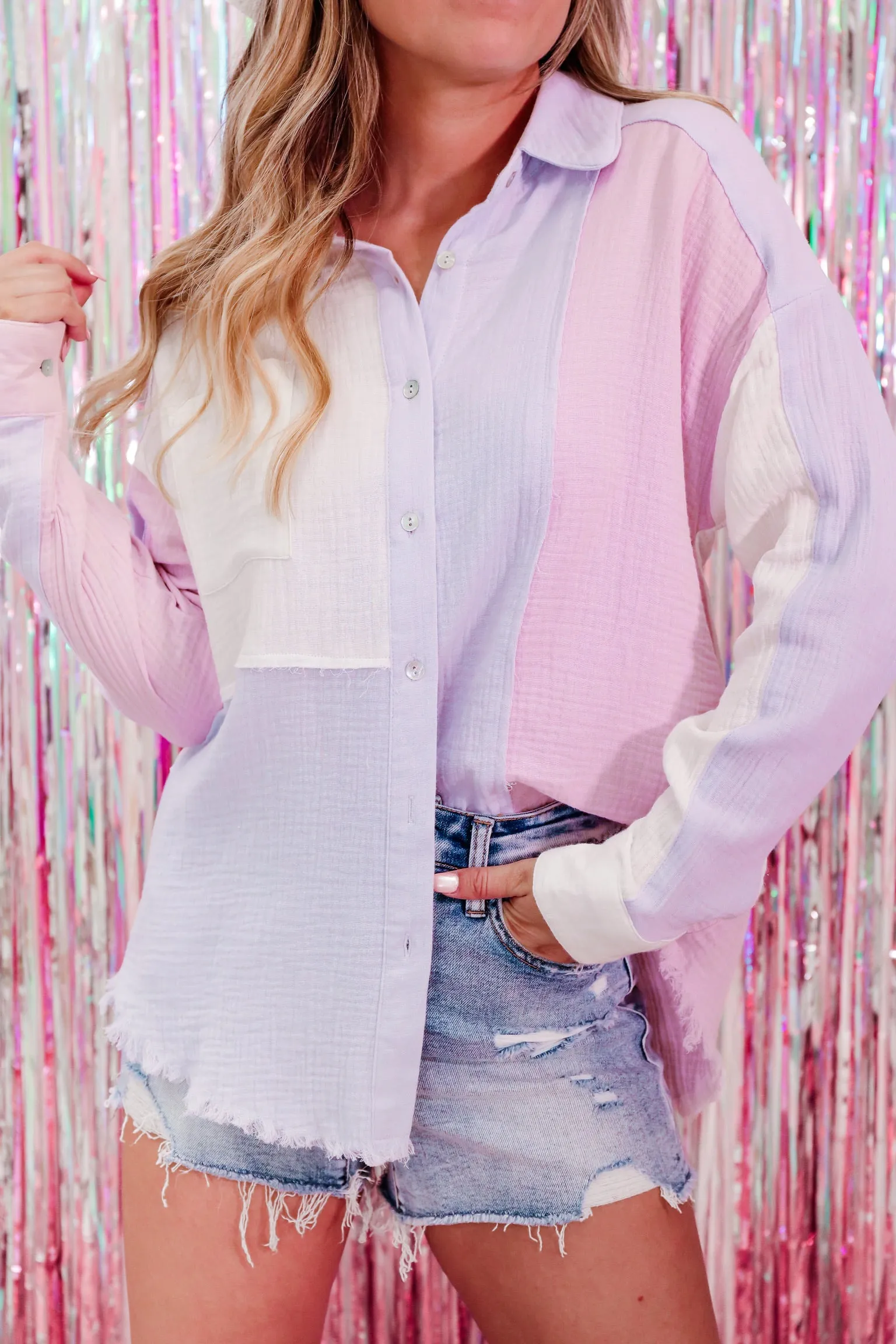 Willa Crinkle Colorblock Shirt- Blue Mix