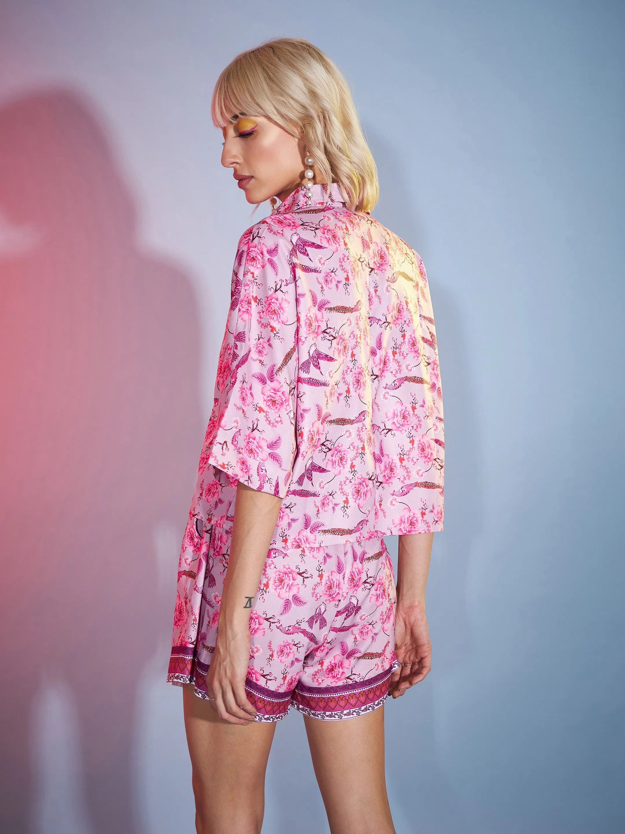 Women Pink Floral Boxy Shirt With Paperback Shorts