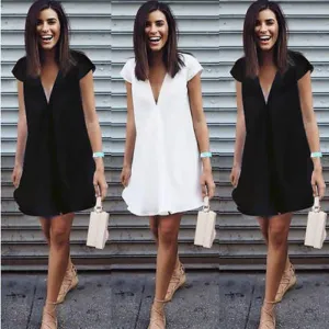 Women Summer Deep V-Neck Dresses Casual Plus Size Short Mini Black Dress