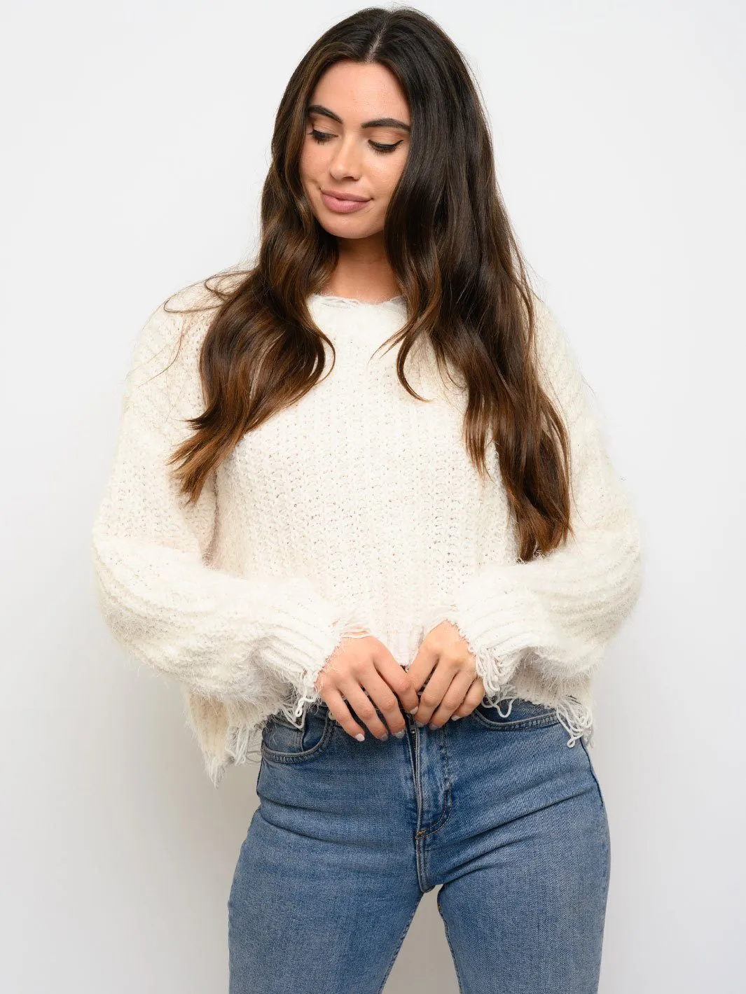 WOMEN'S DISTRESS HEM SWEATER
