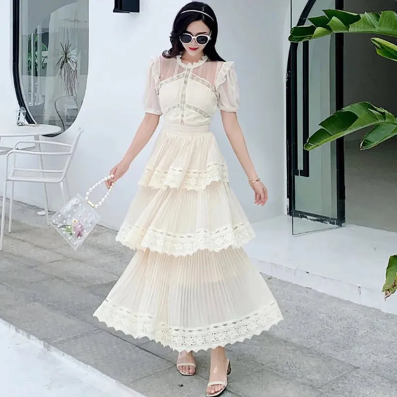Women's Lace Long Dress High Quality 3 Tier Ruffles Boutique Design Short Sleeve Lace Patchwork Dress