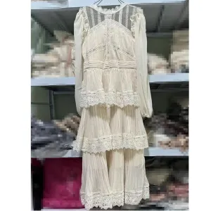 Women's Lace Long Dress High Quality 3 Tier Ruffles Boutique Design Short Sleeve Lace Patchwork Dress