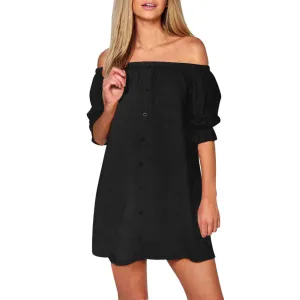 Womens Ladies Off Shoulder Button Mini Dress