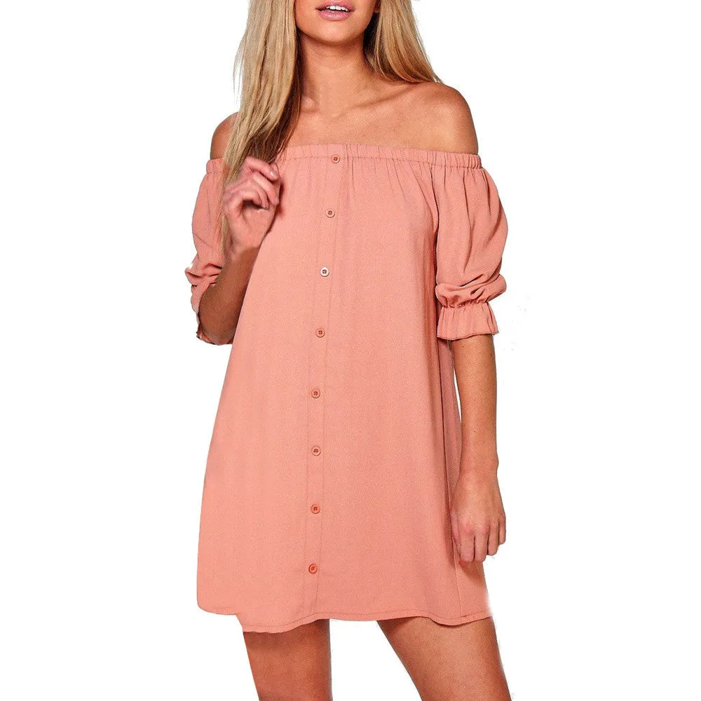 Womens Ladies Off Shoulder Button Mini Dress