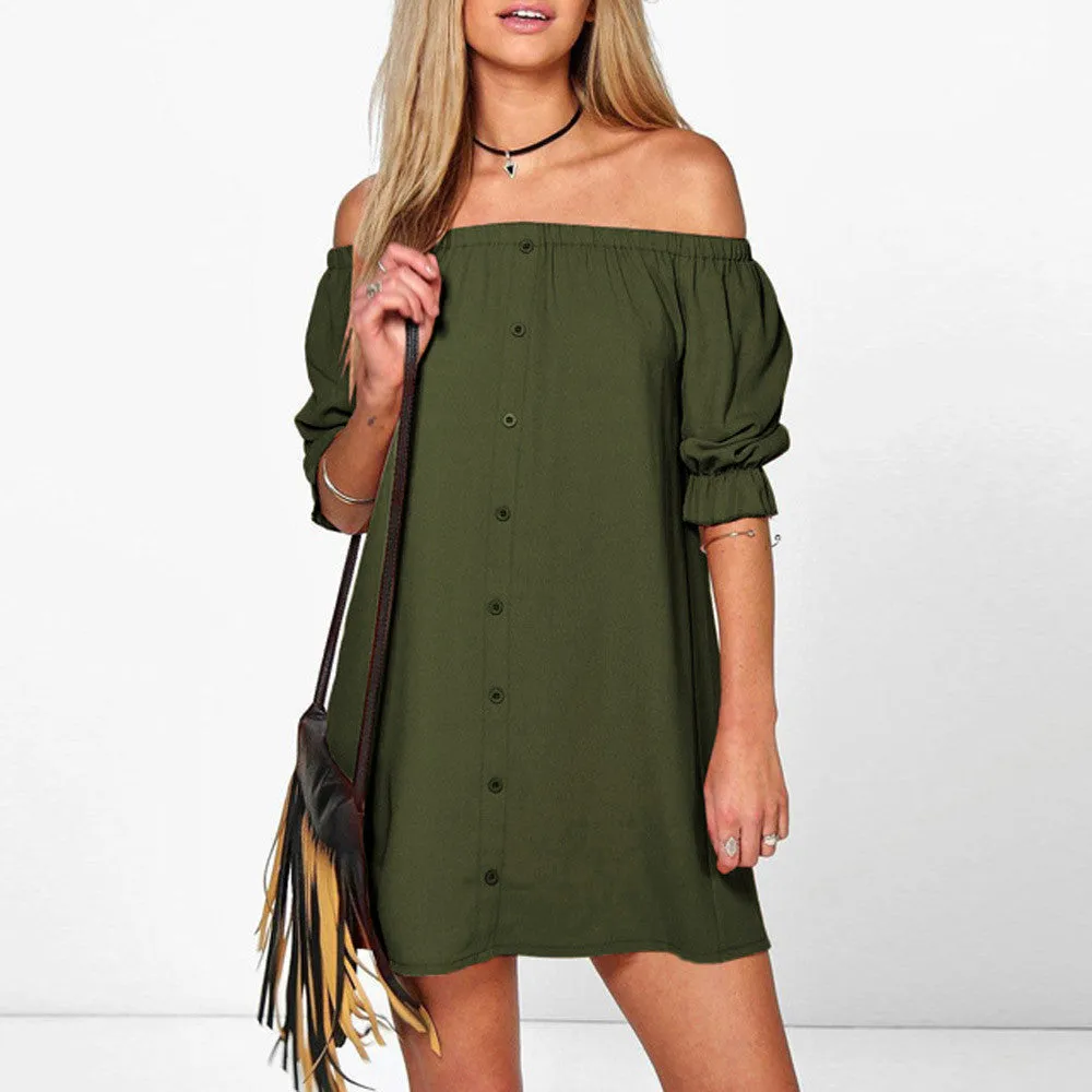 Womens Ladies Off Shoulder Button Mini Dress