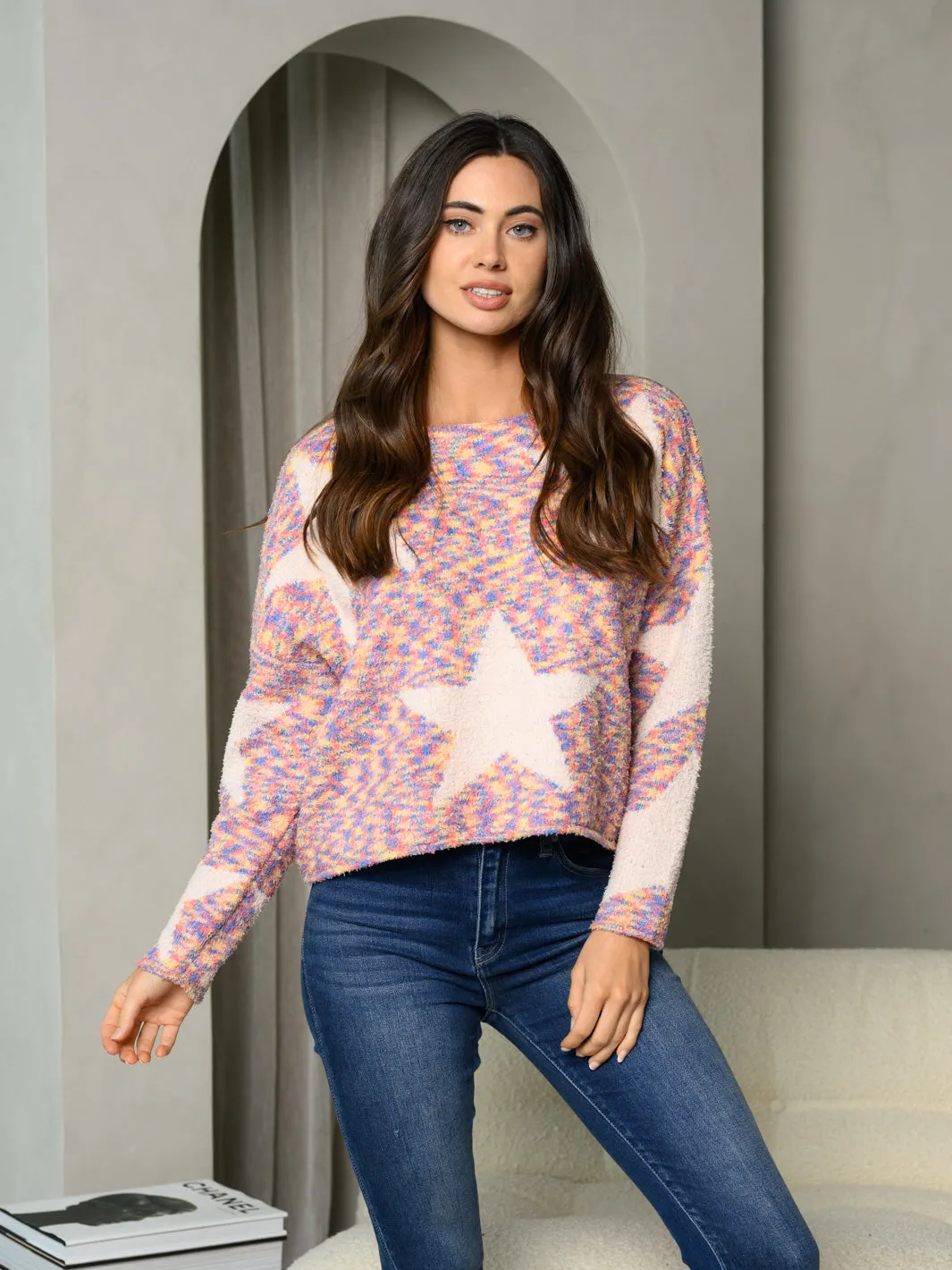WOMEN'S LONG SLEEVE FUZZY MULTI COLOR STAR PRINT SWEATER