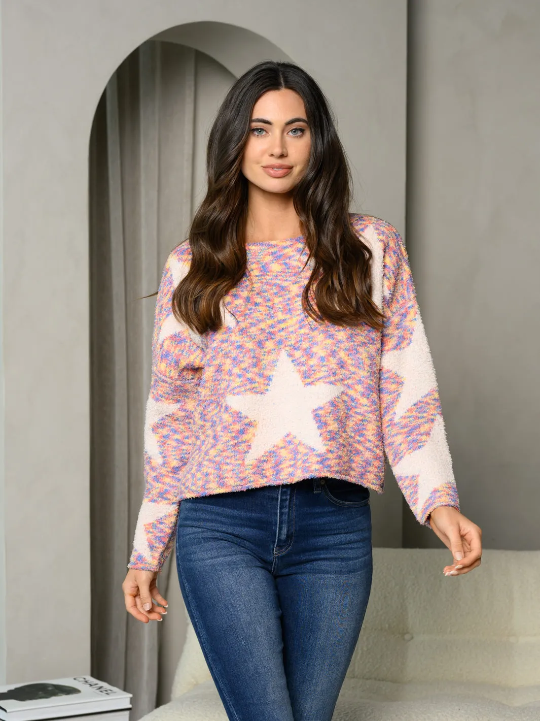 WOMEN'S LONG SLEEVE FUZZY MULTI COLOR STAR PRINT SWEATER