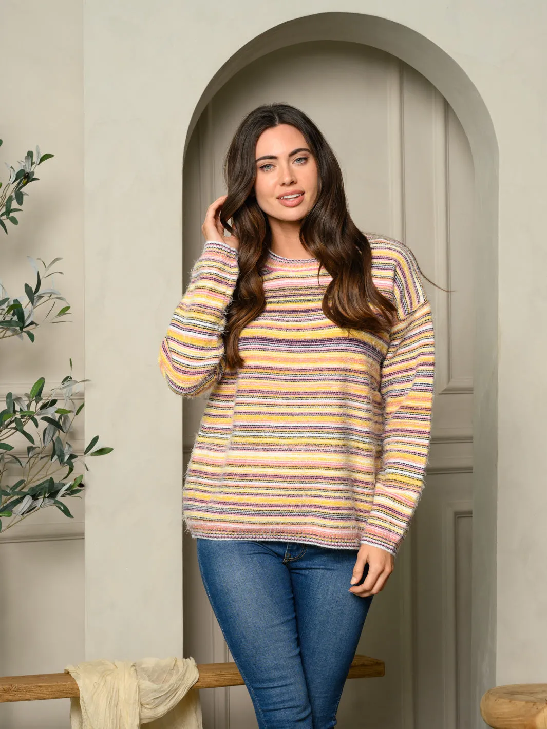 WOMEN'S LONG SLEEVE MULTI COLOR STRIPES PULLOVER SWEATER