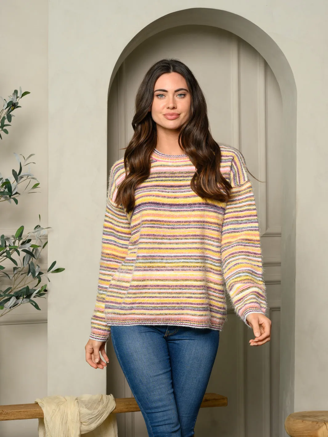 WOMEN'S LONG SLEEVE MULTI COLOR STRIPES PULLOVER SWEATER