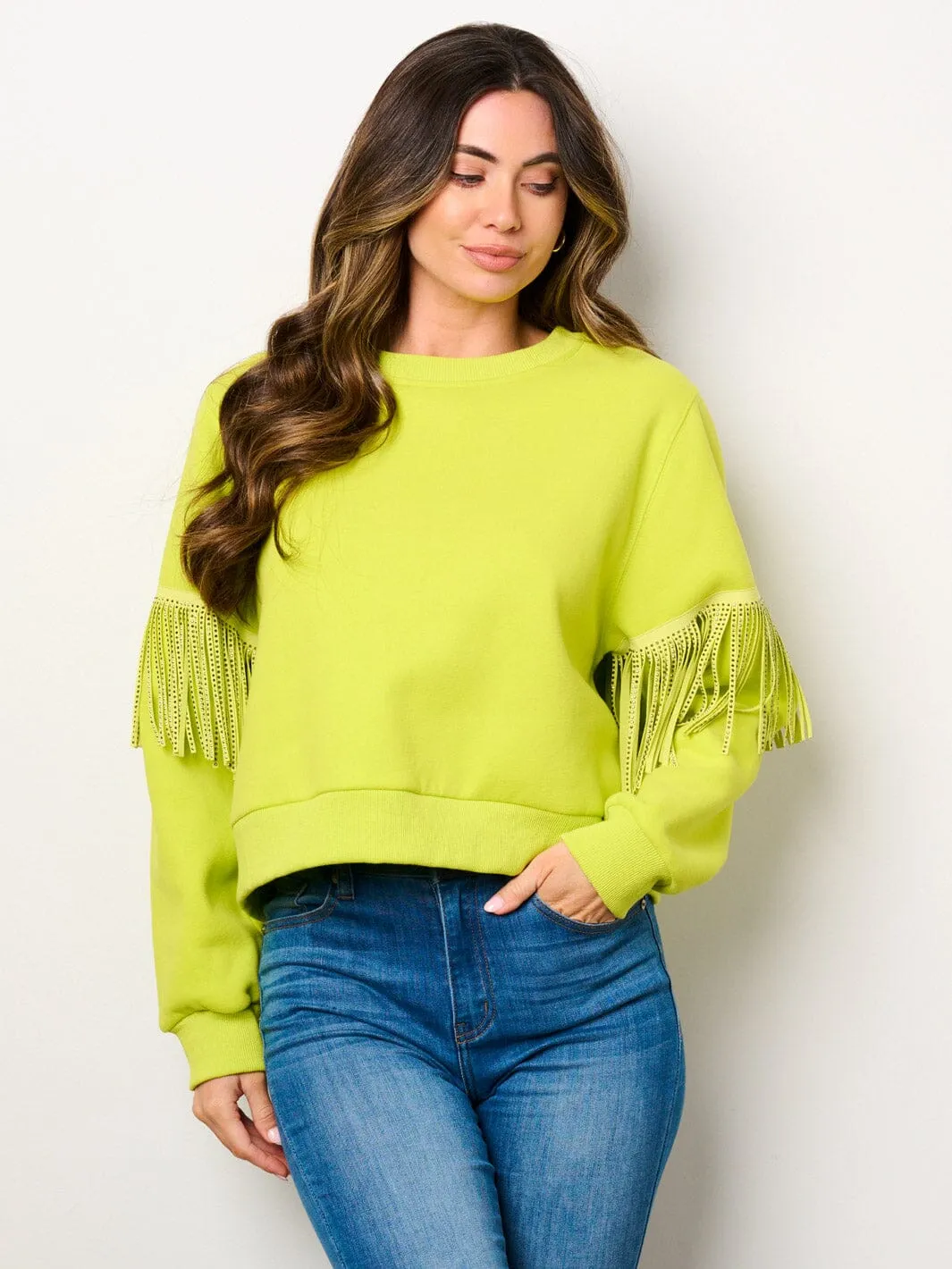 WOMEN'S LONG SLEEVE STUD FRINGE DETAILED PULLOVER SWEATER