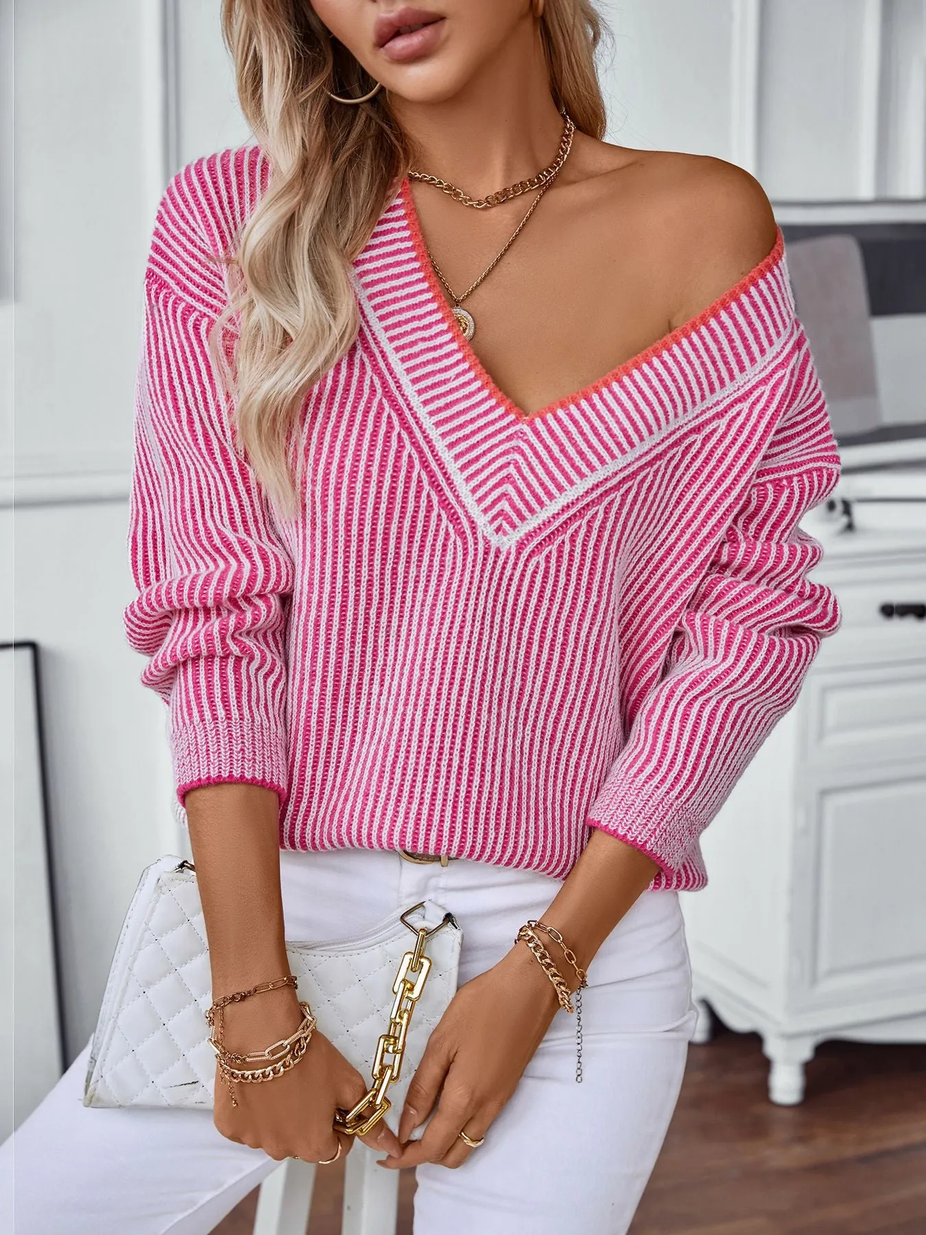 Women's Soft and Cozy Relaxed-fit Sweater with Stripes