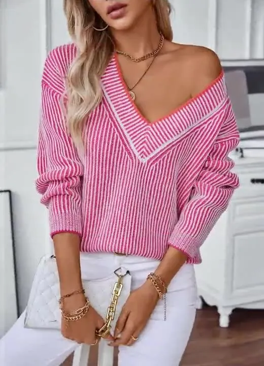 Women's Soft and Cozy Relaxed-fit Sweater with Stripes